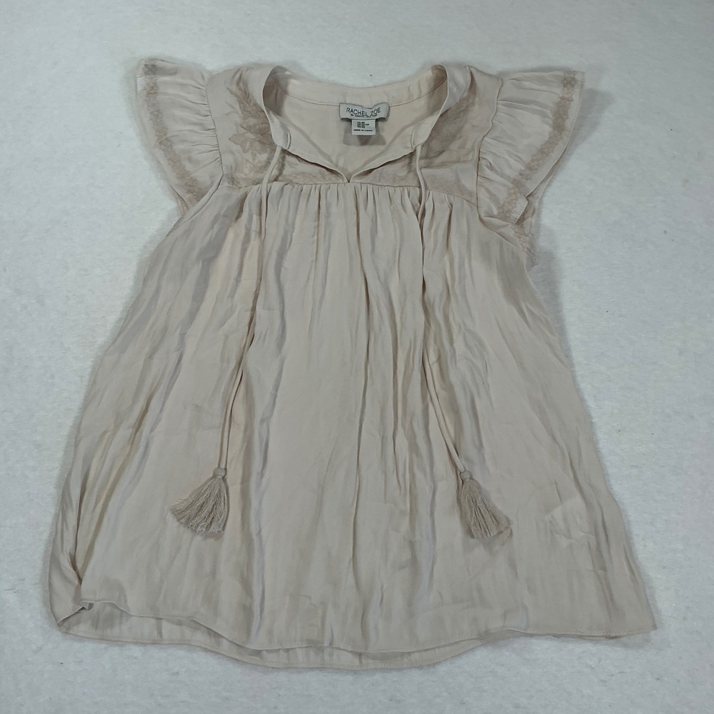 Rachel Zoe Embroidered Tassel Tie Ruffle Sleeve Blouse Cream XS